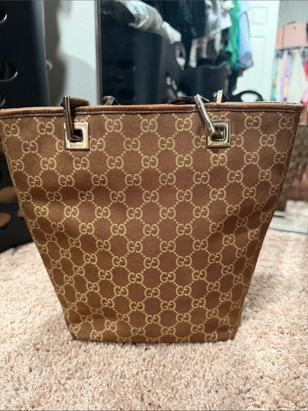 Gucci Brown GG Monogram Structured Tote with Gold Hardware